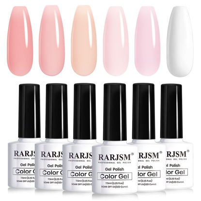 Picture of RARJSM Nude Gel Polish for French Manicure,Sheer Jelly Pink Gel Nail Polish Set of 6 Transparent Colors Clear Light Brown Pure White Neutral Nail Varnish LED UV Curing Requires 7.5ml for Home Salon