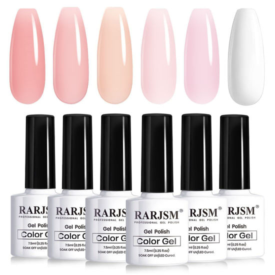 Picture of RARJSM Nude Gel Polish for French Manicure,Sheer Jelly Pink Gel Nail Polish Set of 6 Transparent Colors Clear Light Brown Pure White Neutral Nail Varnish LED UV Curing Requires 7.5ml for Home Salon