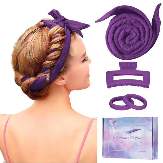 Picture of Flylipu Heatless Curling Rod Headband, Upgraded 60' Extra Long Soft Velvet Hair Curlers to Sleep In, No Heat Curls for Most Hair Types, Includes Directions (Purple, 1 Count)