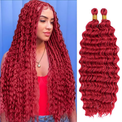 Picture of Eerya Long Curly Braiding Hair 18 Inch 2 Packs Red Ocean Wave Crochet Hair for Black Women Deep Wave Braiding Hair for Boho Braids (18 inch, Red)
