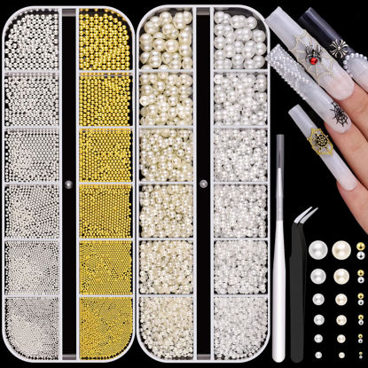 Picture of 2 Boxes Flatback Pearls (White+Beige) and Metal Nail Beads (Silver+Gold) for Nail Art, Luxurious Pearl Nail Charms and Small Round Caviar Beads Nail Accessories for Acrylic Nail Tips Manicure Decor