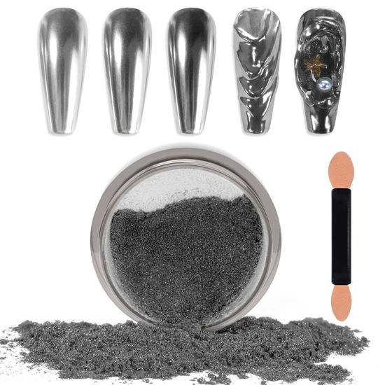 Picture of Laza Chrome Nail Powder Mirror Effect Metallic Dust Holographic Glitter Glazed Manicure Decoration Reflective Pigment for DIY Gel Polish Nail Art, Resin Craft, Gifts - Gun Metal