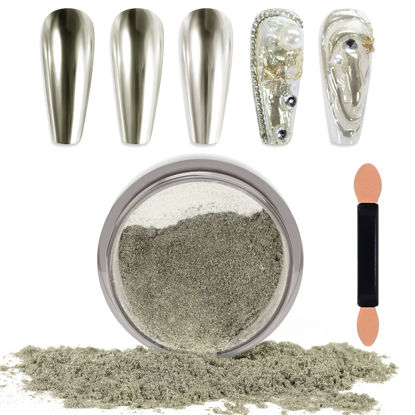 Picture of Laza Chrome Nail Powder Mirror Effect Metallic Dust Holographic Glitter Glazed Manicure Decoration Reflective Pigment for DIY Gel Polish Nail Art, Resin Craft, Gifts - Champagne Silver