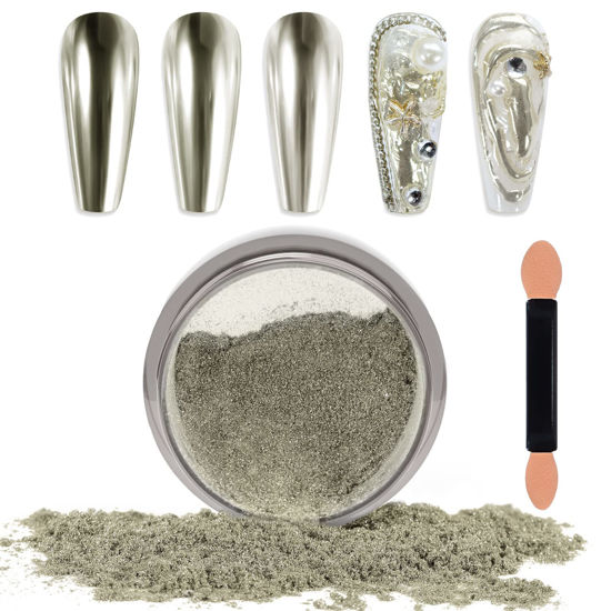 Picture of Laza Chrome Nail Powder Mirror Effect Metallic Dust Holographic Glitter Glazed Manicure Decoration Reflective Pigment for DIY Gel Polish Nail Art, Resin Craft, Gifts - Champagne Silver