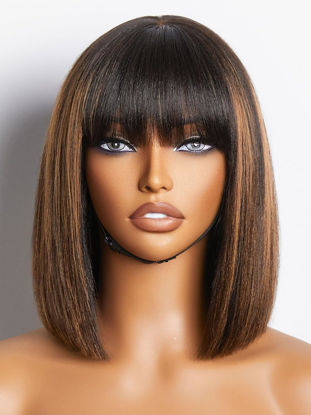 Picture of LUVME HAIR 10 Inch Yaki Straight Bob Wig with Bangs Human Hair Glueless HD Lace Bob Wig with Brown Highlights, Ready to Go Short Wigs For Women 180 Density (Breathable Cap)