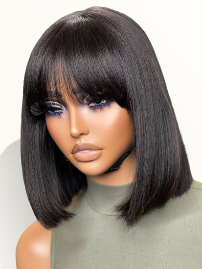 Picture of LUVME HAIR 10 Inch Light Yaki Straight Bob Wig with Bangs Human Hair Realistic HD Lace Short Black Bob Wigs, Ready to Go Blunt Cut Bob Wig Glueless 180 Density