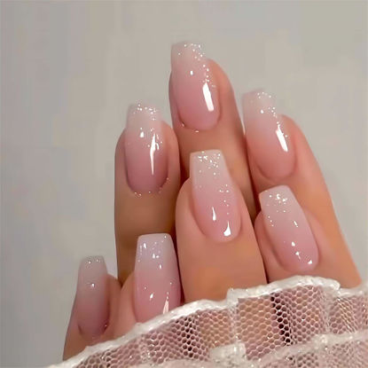 Picture of RUOKEXIN Pink Press On Nails Medium Coffin Fake Nails Glossy Acrylic False Nails with Glitter Designs Ombre Pink Full Cover Press Ons Fall Winter Holiday Stick on Nails for Women 24Pcs