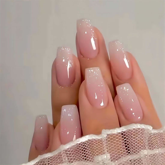 Picture of RUOKEXIN Pink Press On Nails Medium Coffin Fake Nails Glossy Acrylic False Nails with Glitter Designs Ombre Pink Full Cover Press Ons Fall Winter Holiday Stick on Nails for Women 24Pcs