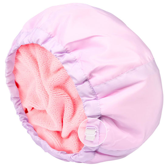 Picture of Shower Cap for Women Terry Lined Bath Cap Large Reusable Waterproof Elastic Band Pink Shower Caps for Long Thick Hair Soft Bath Shower Hair Caps
