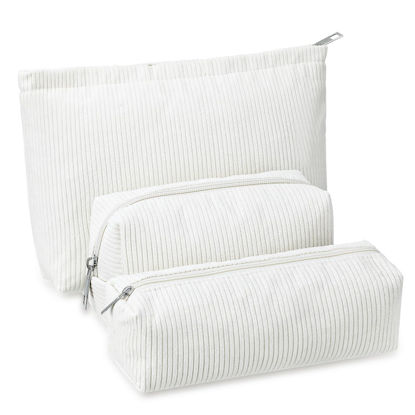 Picture of Huhumy 3 Pcs Makeup Bag Corduroy Cosmetic Bag Aesthetic Cute Preppy Makeup Bags for Women Smile Small Makeup Purse Pouch Travel Toiletry Bag Set Makeup Organizer with Zipper (White,Solid Style)
