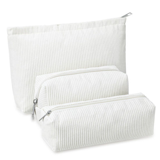 Picture of Huhumy 3 Pcs Makeup Bag Corduroy Cosmetic Bag Aesthetic Cute Preppy Makeup Bags for Women Smile Small Makeup Purse Pouch Travel Toiletry Bag Set Makeup Organizer with Zipper (White,Solid Style)