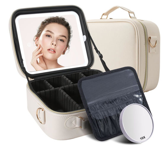 Picture of Mocado Travel Makeup Bag with LED Lighted Mirror,Travel Makeup Organizer,Makeup Case with 3 Color Lighted Setting and 10x Magnifying Mirror,Portable Storage and Adjustable Dividers Makeup Box(Beige)