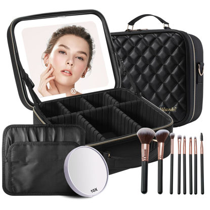 Picture of Mocado Travel Makeup Bag with LED Lighted Mirror,Travel Makeup Organizer, Makeup Case with 8 Makeup Brushes and 10x Magnifying Mirror, 3 Color Lighting, Adjustable Divider Makeup Box(Black Lozenge)