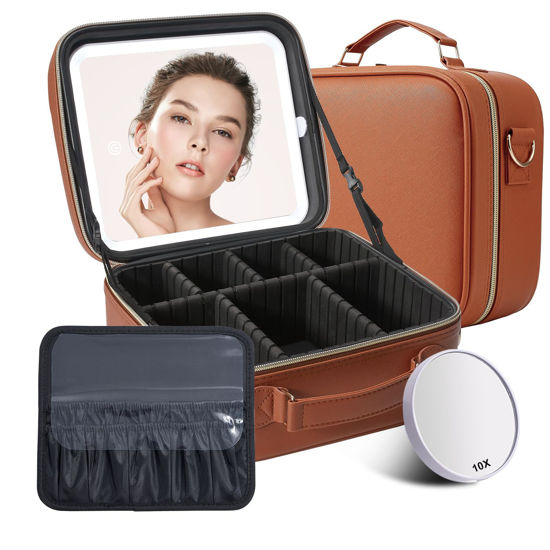 Picture of Mocado Travel Makeup Bag with LED Lighted Mirror, Travel Makeup Organizer, Makeup Case with 3 Color Lighted Setting and 10x Magnifying Mirror, Portable Storage and Adjustable Dividers(Orange Brown)