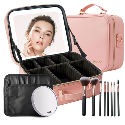 Picture of Mocado Travel Makeup Bag with LED Lighted Mirror,Travel Makeup Organizer,Makeup Case with 8 Makeup Brushes and 10x Magnifying Mirror,3 Colors Lighting, Adjustable Dividers Makeup Box(Pink)
