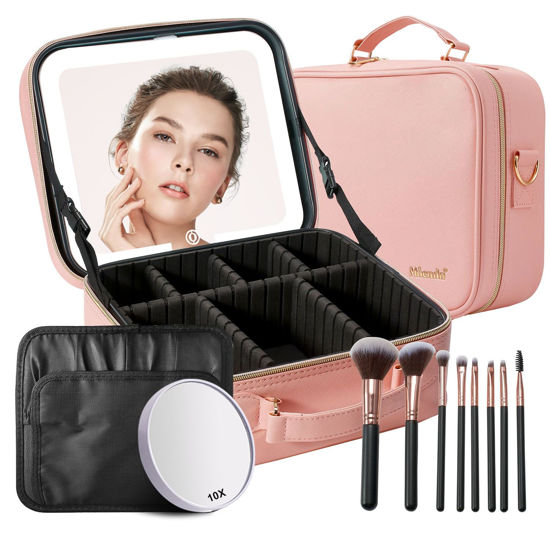 Picture of Mocado Travel Makeup Bag with LED Lighted Mirror,Travel Makeup Organizer,Makeup Case with 8 Makeup Brushes and 10x Magnifying Mirror,3 Colors Lighting, Adjustable Dividers Makeup Box(Pink)