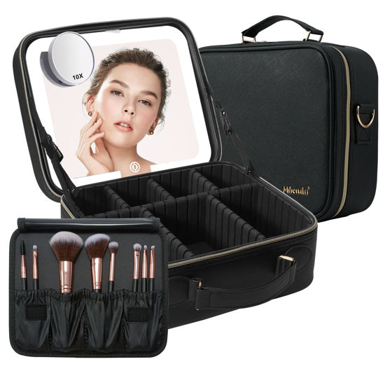 Picture of Mocado Travel Makeup Bag with LED Lighted Mirror,Travel Makeup Organizer,Makeup Case with 8 Makeup Brushes and 10x Magnifying Mirror,3 Colors Lighting, Adjustable Dividers Makeup Box(Black)
