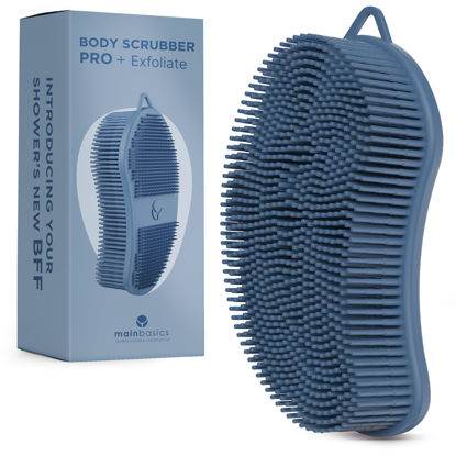 Picture of MainBasics Exfoliating Silicone Body Scrubber Pro 2-in-1 Shower Scrubber for Body, Silicone Loofah and Body Exfoliator (Dark Blue, Body + Exfoliate)