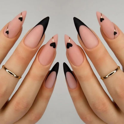 Picture of Black French Tip Press on Nails Almond Medium Fake Nails Heart False Nails with Gold Line Design Glue on Nails Valentine's Day Acrylic Nails Full Cover Stick on Nails for Women Manicure 24Pcs