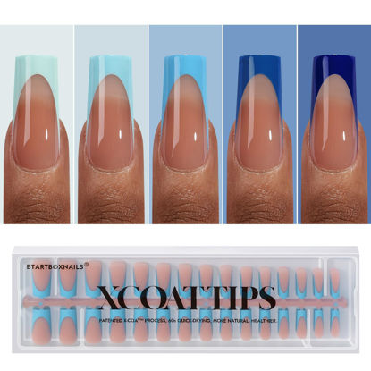 Picture of BTArtboxnails XCOATTIPS French Tip Press On Nails - Blue Press On Nails Long, Square Fake Nail Tips, 150Pcs Soak Off Soft Gel Acrylic Brown Nail Extension in 15 Sizes