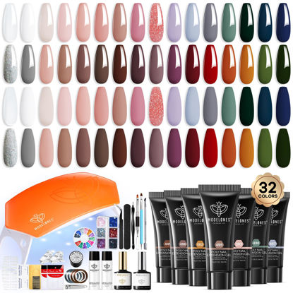 Picture of Modelones 133pcs Poly Nail Gel Kit, 32 Colors Fall Winter Complete Extension Gel Nail Kit with Nail Lamp Slip Solution Builder Nail Kits Nail Art Tools for Starter DIY Nail Supplies Kit