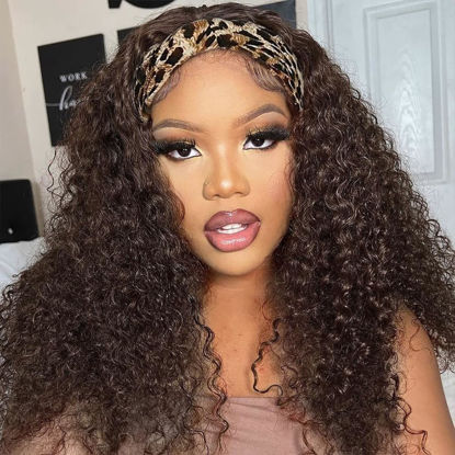Picture of Deep Wave Headband Wig Human Hair 18 Inch Chocolate Brown Machine Made None Lace Front Wig #4 Chocolate Brazilian Virgin Human Hair Wigs Glueless Wear and Go Curly Headband Half Wigs for Black Women