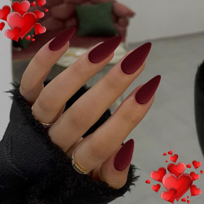 Picture of More Burgundy Press on Nails Medium Stiletto Almond,KQueenest Matte Pure Color Acrylic Nails Kit Reusable Fake Nails with Feature Protective UV Coating for Women Nail Art Manicure in 24PCS