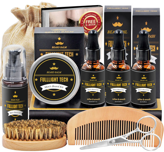 Picture of FULLLIGHT TECH Beard Kit for Men Grooming & Care W/Beard Wash,3 Packs Beard Oil,Beard Balm Leave-in Conditioner,Comb,Brush,Scissors,Premium Gifts for Men Dad Husband
