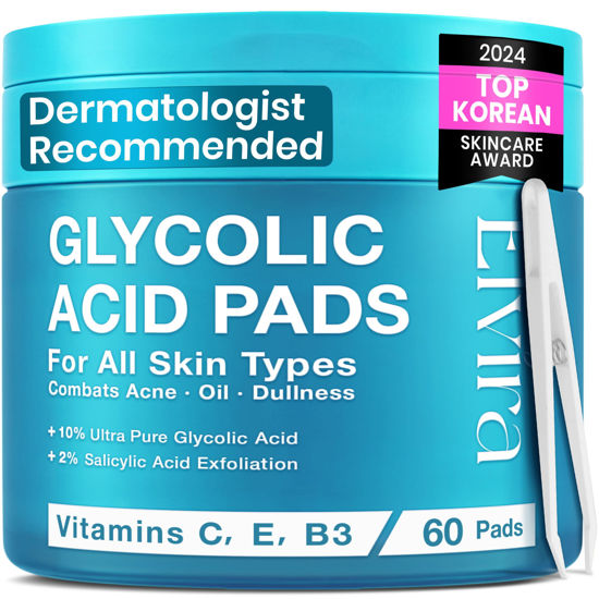 Picture of Elvira Korean Skincare Anti-Aging & Glycolic Acid Exfoliating Facial Pads With 10% Glycolic Acid, 2% Salicylic Acid & Niacinamide - 60 Toner Pads, Daily Peel Treatment for Acne Prone Sensitive Skin