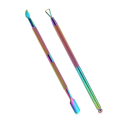 Picture of 2PCS Cuticle Pusher and Cutter with Storage Case,Professional Cuticle Pusher Nail Polish Remover Stainless Steel Manicure Tool Set,Durable Pedicure Manicure Tools for Fingernails Toenails (Chameleon)