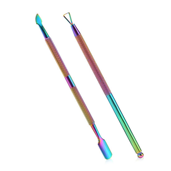 Picture of 2PCS Cuticle Pusher and Cutter with Storage Case,Professional Cuticle Pusher Nail Polish Remover Stainless Steel Manicure Tool Set,Durable Pedicure Manicure Tools for Fingernails Toenails (Chameleon)