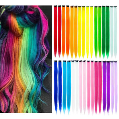 Picture of KGBFASS 32Packs Colored Hair Extensions 20Inch Straight Color Clip in on Hair Extension Rainbow Party Highlights Synthetic Hairpiece for Girls (16 colors)