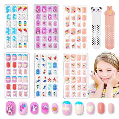 Picture of Modelones Press on Nails for Kids 144Pcs 6 Pack Children Acrylic Fake Nails Pre-glue Full Cover Glitter Gradient Color Cloud Heart Short False Nail Art Kits Sets Christmas Gifts for Kids Girls