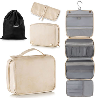 Picture of Elviros Toiletry Bag Hanging Travel Organizer for Men and Women, 3 in 1 Multifunctional Large Makeup Cosmetic Case for Toiletries Accessories, Water-resistant PU Leather Bathroom Dopp Kit Shaving Bag