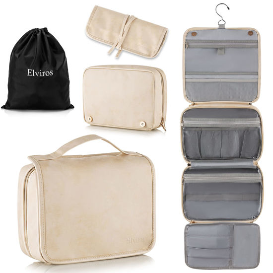 Picture of Elviros Toiletry Bag Hanging Travel Organizer for Men and Women, 3 in 1 Multifunctional Large Makeup Cosmetic Case for Toiletries Accessories, Water-resistant PU Leather Bathroom Dopp Kit Shaving Bag