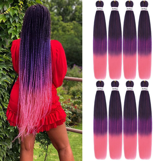 Picture of Liang Dian Pre Stretched Braiding Hair Ombre 36 Inch 8 Packs Synthetic Crochet Braids Hot Water Setting Professional Soft Yaki Texture Synthetic Hair Extensions(36 Inch 1B/Purple/Pink)