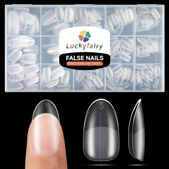 Picture of Oval Round Nail Tips Short Full Matte Oval Almond Gel x Nail Tips 240pcs Easiest Short Acrylic Nail Tips for DIY Nail Art Salon, Luckyfairty Short Oval Gel x Nails, 15 Sizes