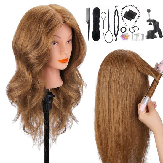 Picture of Mannequin Head with 100% Real Hair, TopDirect 18" Brown Real Hair Cosmetology Manikin Head Hair Styling Hairdressing Practice Training Doll Heads with Clamp Holder and Tools