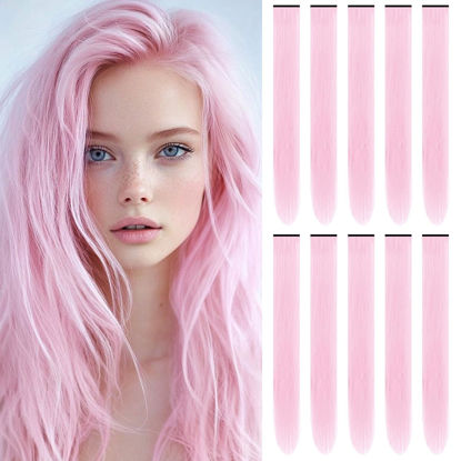 Picture of TOFAFA 22 Inch Colored Hair Extensions, Multi-colors Party Highlights Clip in Synthetic Hair Extensions for Girls Women Kids Favor Gift(10 PCS Light Pink)