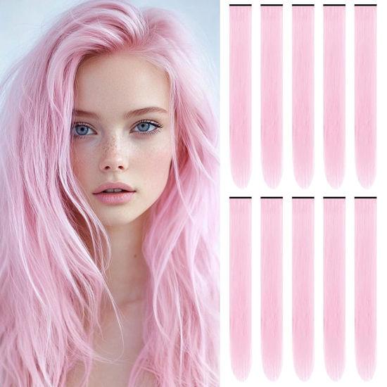 Picture of TOFAFA 22 Inch Colored Hair Extensions, Multi-colors Party Highlights Clip in Synthetic Hair Extensions for Girls Women Kids Favor Gift(10 PCS Light Pink)
