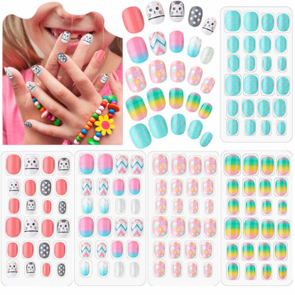 Picture of 120 Pieces Kids Press on Nails Children Fake Nails Artificial Nail Tips Girls Full Cover Short False Fingernails for Girls Kids Nail Art Decoration