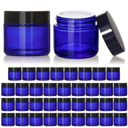 Picture of KEYWING 2oz Small Glass Jars with Black Lids, 35 Pack Blue Round Glass Cosmetic Jars with Inner Liners for Cream, Lotions, Powders and Ointments