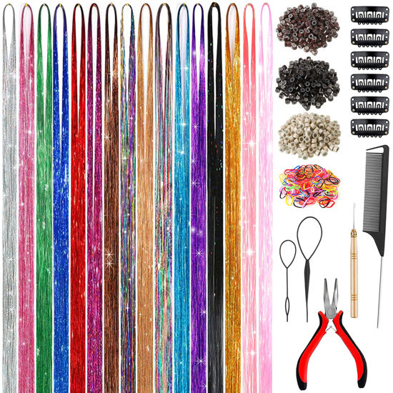 Picture of Hair Tinsel Kit (48 Inch, 16 Colors, 5200 Strands), Glitter Tinsel Hair Extensions with Tools, Fairy Heat Resistant Hair Tinsel Accessories for Women Girls Kids