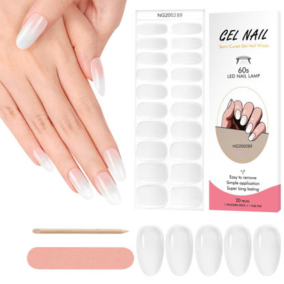 Picture of Kalolary 20PCS Semi Cured Gel Nail Polish Strips, Solid White Adhesive Full Wrap Gel Nail Art Sticker, Waterproof Gel Nail Wrap Stickers with Nail File and Stick（UV/LED Lamp Required）