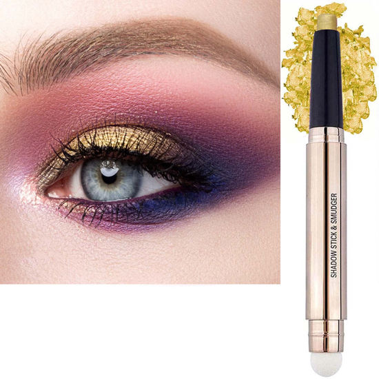 Picture of 2 in 1 Gold Copper Eyeshadow Stick and Sponge Makeup Brush　Smooth Creamy Shimmer Eyeshadow Pen Long Lasting Waterproof Eyeshadow Highlighter Stick Makeup, Hypoallergenic Eyeshadow Highlighter Eyeliner