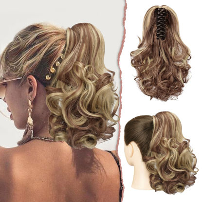 Picture of SOFEIYAN Ponytail Extension 11 inch Claw Clip Ponytail Hair Extensions Long Curly Wavy Ponytail Fluffy Clip on Pony Tails Synthetic Hairpiece for Women，Brown & Blonde