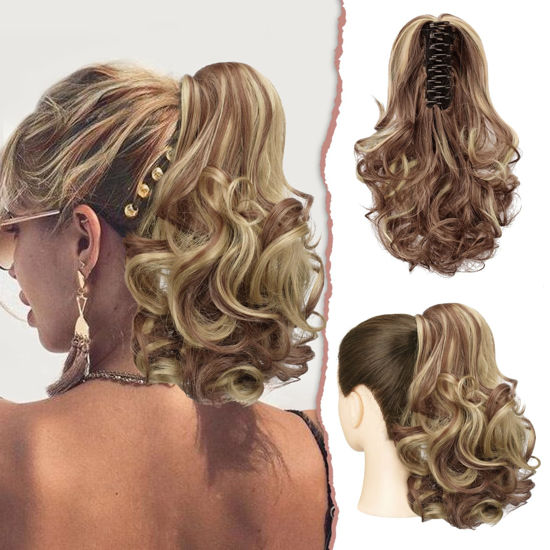 Picture of SOFEIYAN Ponytail Extension 11 inch Claw Clip Ponytail Hair Extensions Long Curly Wavy Ponytail Fluffy Clip on Pony Tails Synthetic Hairpiece for Women，Brown & Blonde