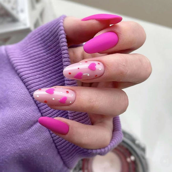 Picture of Almond Press on Nails Medium Fake Nails Pink False Nails with Heart Design Glue on Nails Valentine's Day Acrylic Nails Matte Full Cover Stick on Nails Cute Artificial Nails for Women Manicure 24Pcs