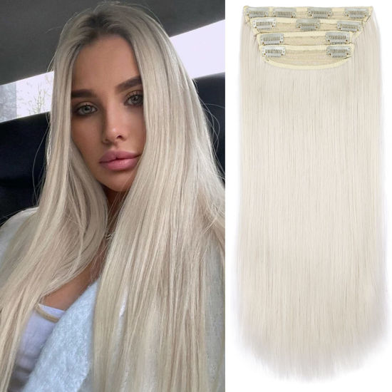 Picture of Clip in Synthetic Hair Extensions Platinum Blonde 20 Inch Full Head Ice Blonde Hair #60 Clip in Extensions 4Pcs Clip in Hair Extensions(4pcs, 20Inch, 60#)
