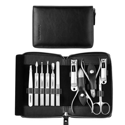 Picture of Manicure Kit, FAMILIFE Professional Manicure Set Nail Kit, 11 in 1 Stainless Steel Nail Clippers Set for Men Pedicure Kit, Men Grooming Kit with Portable Black Leather Travel Case Luxury Gifts for Him